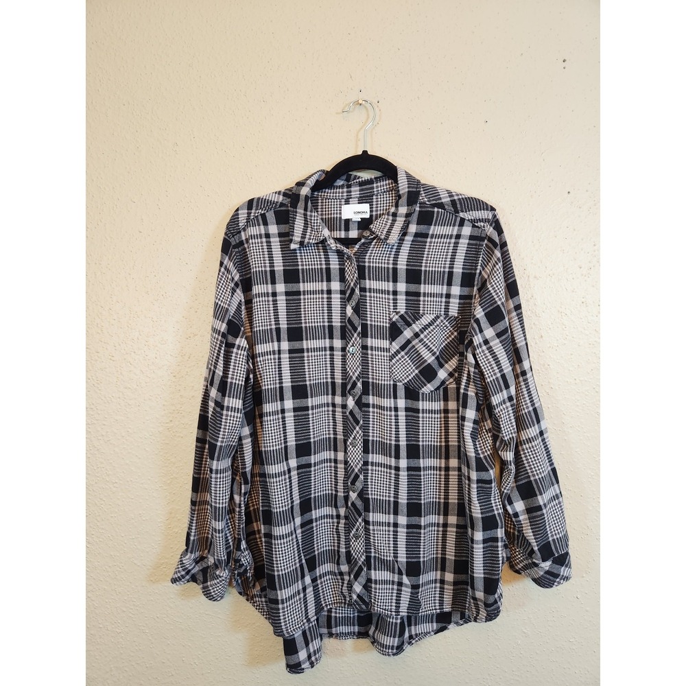 Sonoma Womens XL Black Plaid Button Down Shirt Long Sleeve Cotton Rayon Blend
